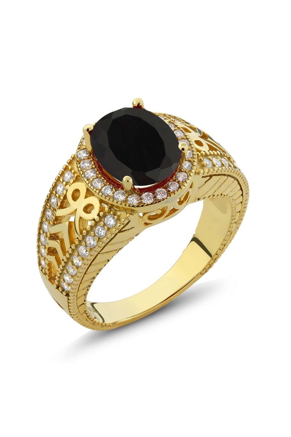 18K Yellow Gold Plated Silver Black Onyx Ring for Women (2.83 Cttw, Gemstone December Birthstone, Oval 10X8MM, Size 5)