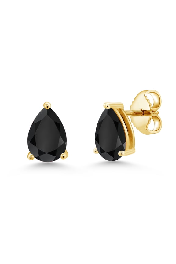 18K Yellow Gold Plated Silver Black Onyx Stud Earrings for Women Men (1.70 Cttw, Gemstone December Birthstone, Pear Shape 8X5MM)