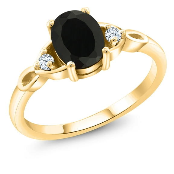 Gem Stone King 18K Yellow Gold Plated Silver Black Onyx and White Created Sapphire 3-Stone Rings for Women (1.68 Cttw, Gemstone December Birthstone, Oval 8X6MM, Available in Size 5, 6, 7, 8, 9)