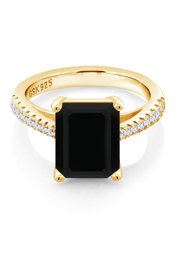 18K Yellow Gold Plated Silver Black Onyx and White Created Sapphire Ring for Women (3.39 Cttw, Gemstone Birthstone, Available in Size 5, 6, 7, 8, 9)