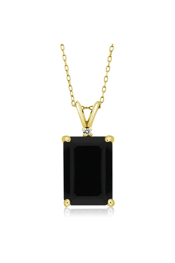 18K Yellow Gold Plated Silver Black Onyx and White Diamond Pendant Necklace for Women (5.02 Cttw, Gemstone December Birthstone, Emerald Cut 14X10MM, with 18 inch Silver Chain)
