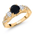 thumbnail image 1 of Gem Stone King 18K Yellow Gold Plated Silver Black Onyx White Lab Grown Diamond and White Moissanite Engagement Ring for Women (1.27 Cttw, Gemstone December Birthstone, Round 6MM and 3MM, Size 5), 1 of 5