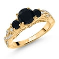 thumbnail image 1 of Gem Stone King 18K Yellow Gold Plated Silver Black Onyx and White Moissanite Engagement Ring for Women | 1.27 Cttw | Gemstone Birthstone | Round 6MM and 3MM | Wedding Anniversary Promise Ring| Size 6, 1 of 5