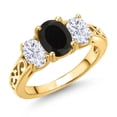 thumbnail image 1 of Gem Stone King 18K Yellow Gold Plated Silver Black Onyx and White Moissanite Filigree Style 3 Stone Ring for Women (2.60 Cttw, Oval 8X6MM and 6X4MM) (Size 9), 1 of 6