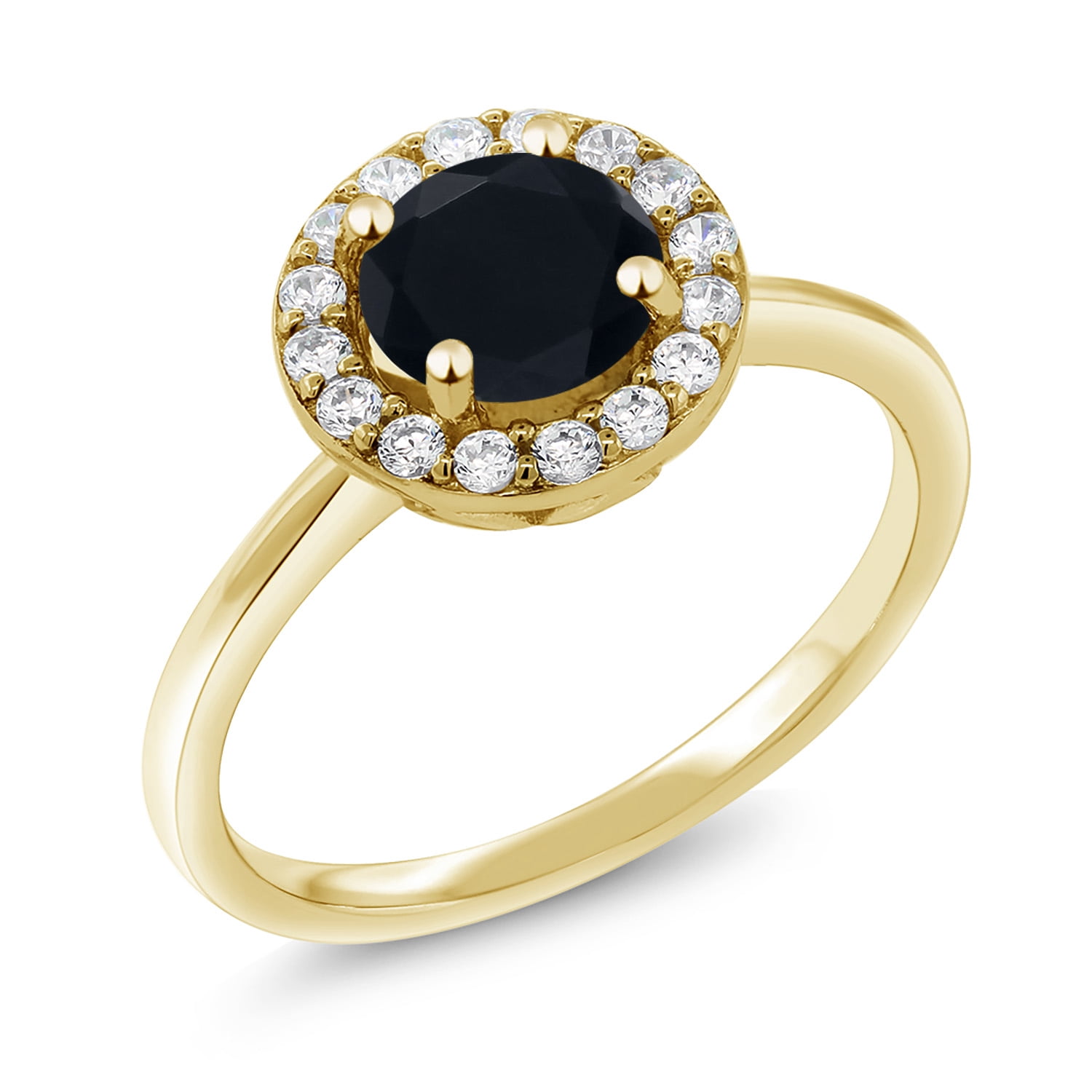 Gem Stone King 18K Yellow Gold Plated Silver Black Onyx and White Moissanite Halo Engagement Ring for Women (1.41 Cttw, Gemstone December Birthstone, Round 7MM, Size 7)