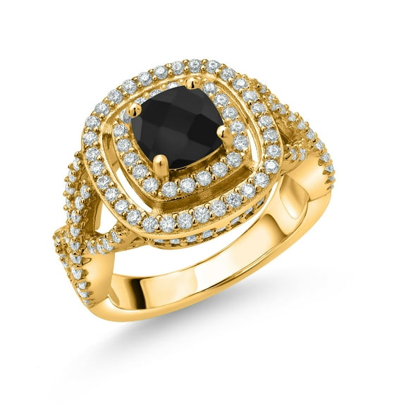 Gem Stone King 18K Yellow Gold Plated Silver Black Onyx and White Moissanite Ring for Women (1.83 Cttw, Gemstone Birthstone, Cushion/Checkerboard Cut 6MM, Size 7)