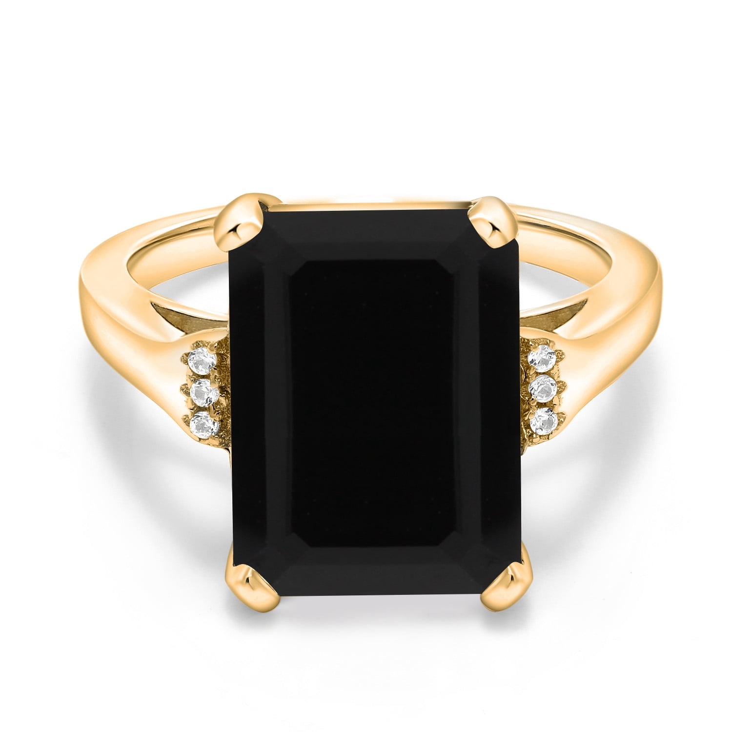 Gem Stone King 6.67 Cttw Black Onyx Engagement Ring for Women | 18K Yellow Gold Plated Silver| Emerald Cut 14X10MM | Gemstone December Birthstone | Size 6