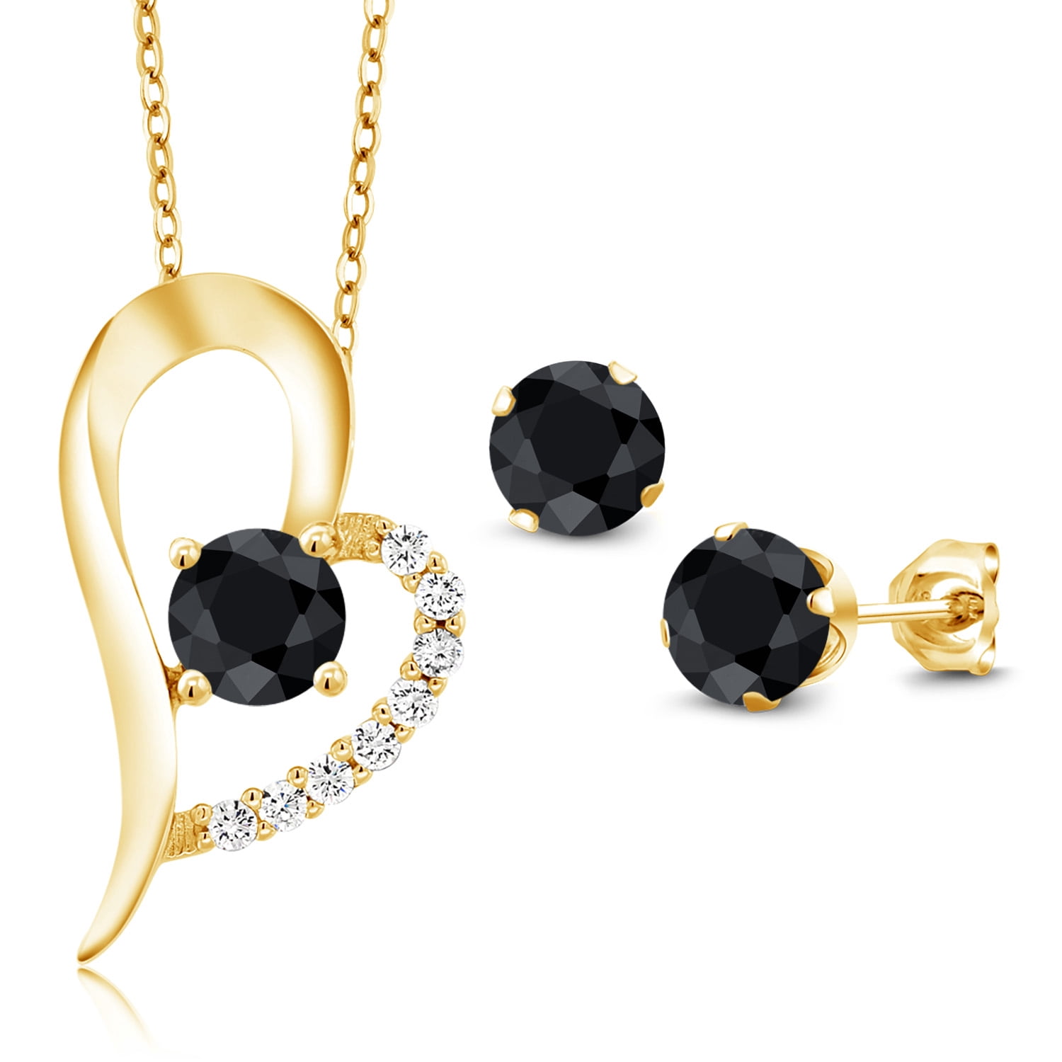 Gem Stone King 18K Yellow Gold Plated Silver Black Sapphire Pendant and Earrings Jewelry Set for Women (3.77 Cttw, Gemstone September Birthstone, Round 6MM)