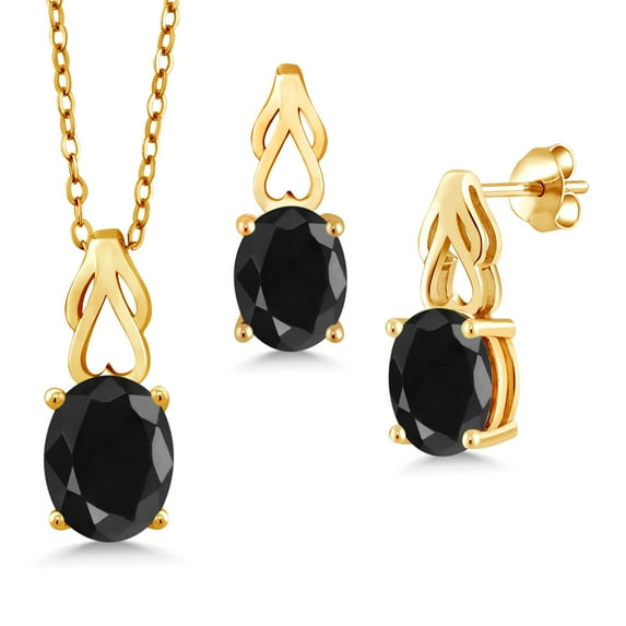 Gem Stone King 18K Yellow Gold Plated Silver Black Sapphire Pendant and Earrings Jewelry Set for Women | 7.50 Cttw | Oval 9X7 | Gemstone September Birthstone | with 18 inch Chain