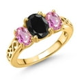 thumbnail image 1 of Gem Stone King 18K Yellow Gold Plated Silver Black Sapphire and Pink Sapphire Filigree Style 3 Stone Ring for Women (2.86 Cttw, Oval 8X6MM and 6X4MM) (Size 9), 1 of 6