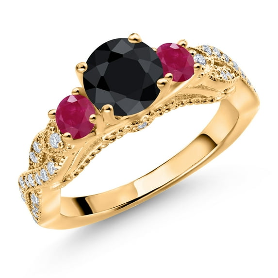 Gem Stone King 18K Yellow Gold Plated Silver Black Sapphire Red Ruby and White Moissanite Engagement Ring for Women (1.73 Cttw, Gemstone September Birthstone, Round 6MM and 3MM, Size 5)