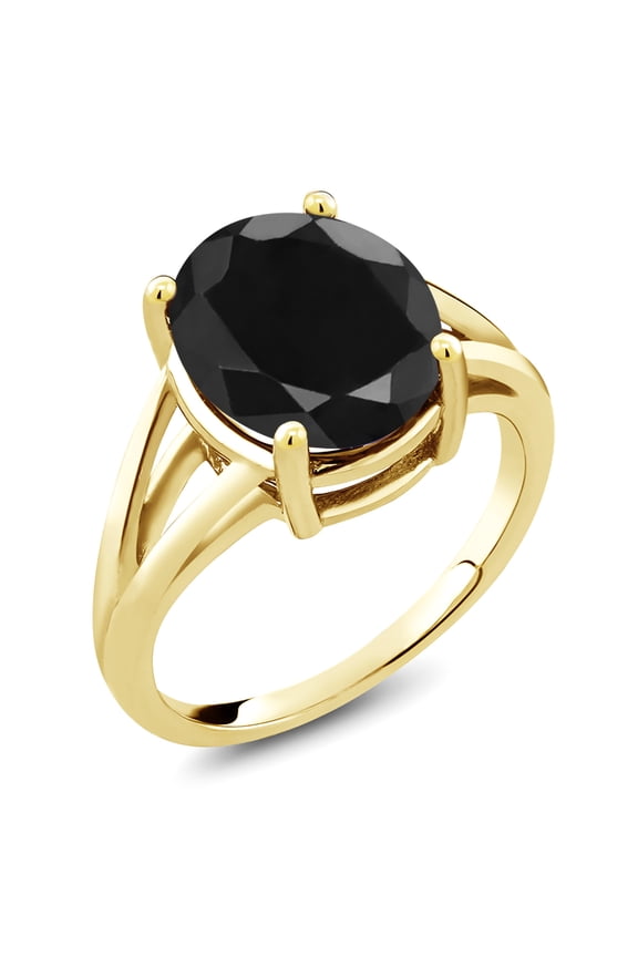 18K Yellow Gold Plated Silver Black Sapphire Ring for Women (6.00 Cttw, Gemstone September Birthstone, Oval 12X10MM, Available in Size 5,6,7,8,9)