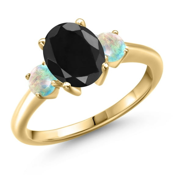 Gem Stone King 18K Yellow Gold Plated Silver Black Sapphire and Simulated White Opal Engagement Ring for Women | 3.00 Cttw | Oval 9X7MM | Gemstone September Birthstone | Size 5