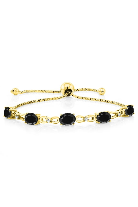 18K Yellow Gold Plated Silver Black Sapphire and White Lab Grown Diamond Tennis Bracelet for Women (5.35 Cttw, Gemstone September Birthstone, Oval 7x5MM, Fully Adjustable up to 9 inch)