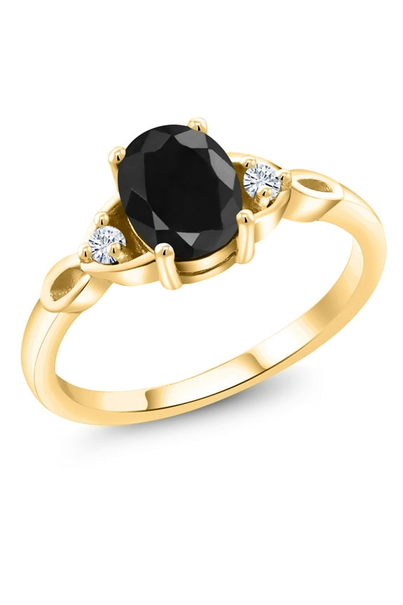 18K Yellow Gold Plated Silver Black Sapphire and White Moissanite 3-Stone Rings for Women (1.74 Cttw, Gemstone September Birthstone, Oval 8X6MM, Available in Size 5, 6, 7, 8, 9)