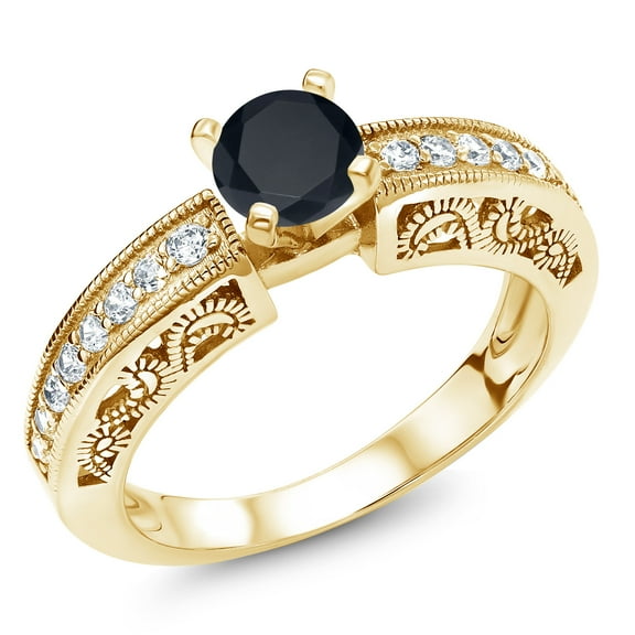 Gem Stone King 18K Yellow Gold Plated Silver Black Zirconia Engagement Filigree Ring for Women (2.09 Cttw, Round 6MM, Gemstone Birthstone, Size 8)