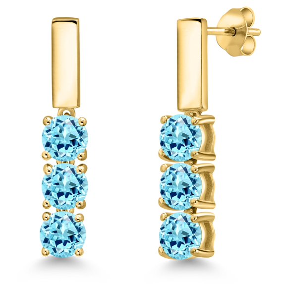 Gem Stone King 18K Yellow Gold Plated Silver Blue Apatite Drop Dangle Earrings for Women | 1.49 Cttw | Gemstone Birthstone | Round 5MM
