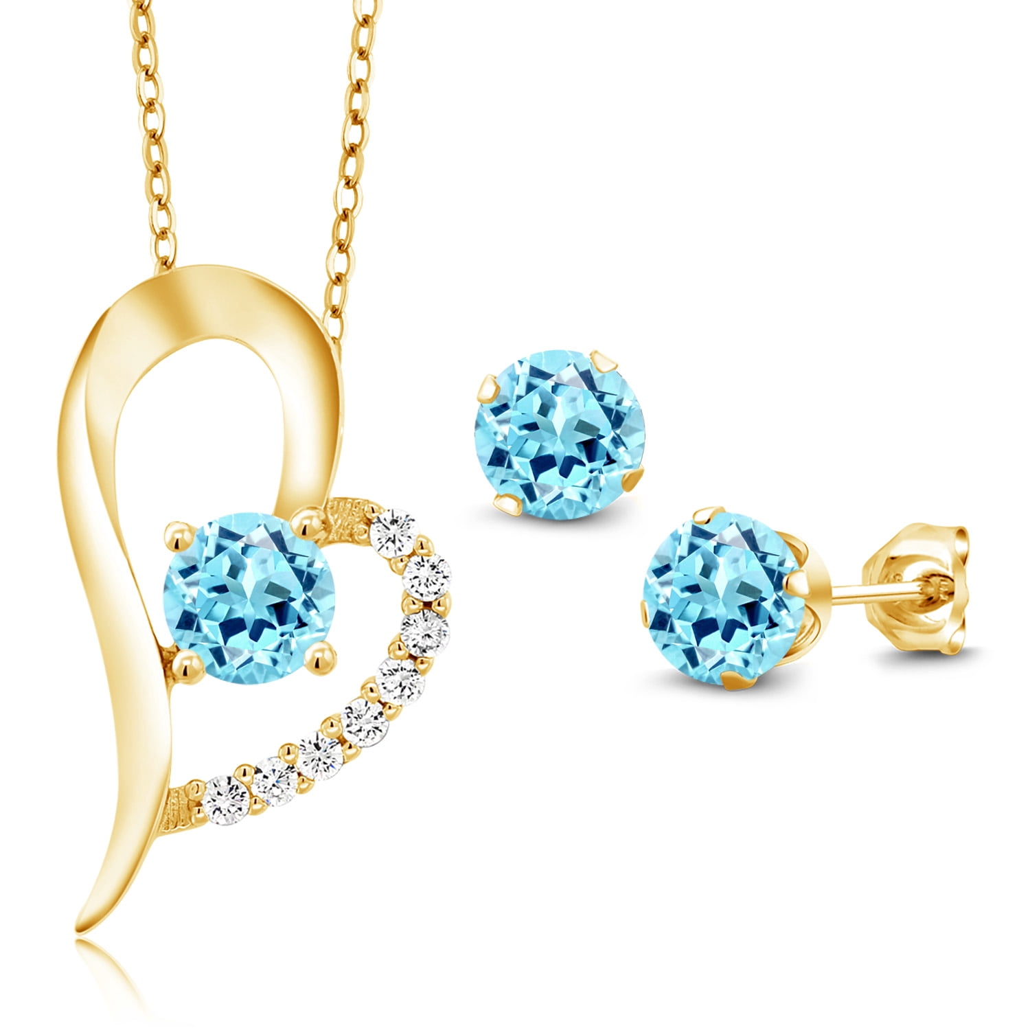 Gem Stone King 18K Yellow Gold Plated Silver Blue Apatite Pendant and Earrings Jewelry Set for Women (2.77 Cttw, Gemstone Birthstone, Round 6MM)