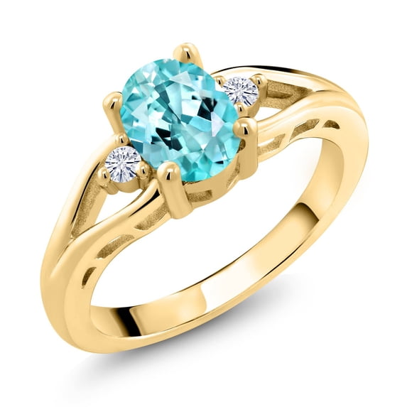 Gem Stone King 18K Yellow Gold Plated Silver Blue Apatite and White Moissanite 3 Stone Engagement Ring for Women | 1.28 Cttw | Oval 8X6MM | Round 2MM | Gemstone Birthstone | Size 5