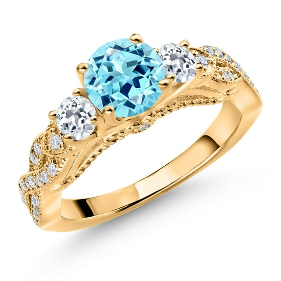 Gem Stone King 18K Yellow Gold Plated Silver Blue Apatite White Topaz and White Moissanite Engagement Ring for Women (1.36 Cttw, Gemstone, Round 6MM and 3MM, Size 8)