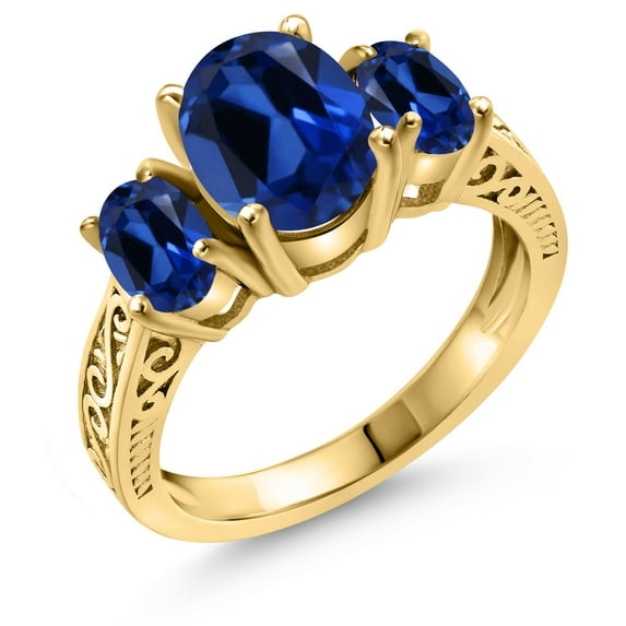 Gem Stone King 18K Yellow Gold Plated Silver Blue Created Sapphire 3-Stone Ring for Women (3.51 Cttw, Oval 9X7MM and 6X4MM, Available 5,6,7,8,9)