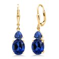 thumbnail image 1 of Gem Stone King 18K Yellow Gold Plated Silver Blue Created Sapphire Dangle Earrings for Women (7.68 Cttw, Gemstone September Birthstone, Oval 10X8MM, Trillion 5MM), 1 of 4