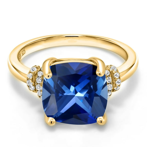 Gem Stone King 18K Yellow Gold Plated Silver Blue Created Sapphire Engagement Ring for Women | 5.61 Cttw | Cushion 10MM | Available in Size 5, 6, 7, 8, 9