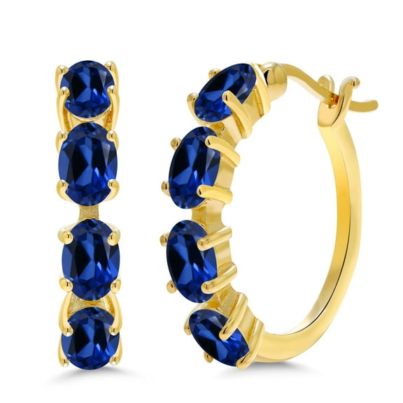 Gem Stone King 18K Yellow Gold Plated Silver Blue Created Sapphire Hoop Earrings for Women (4.00 Cttw, Oval 6X4MM)