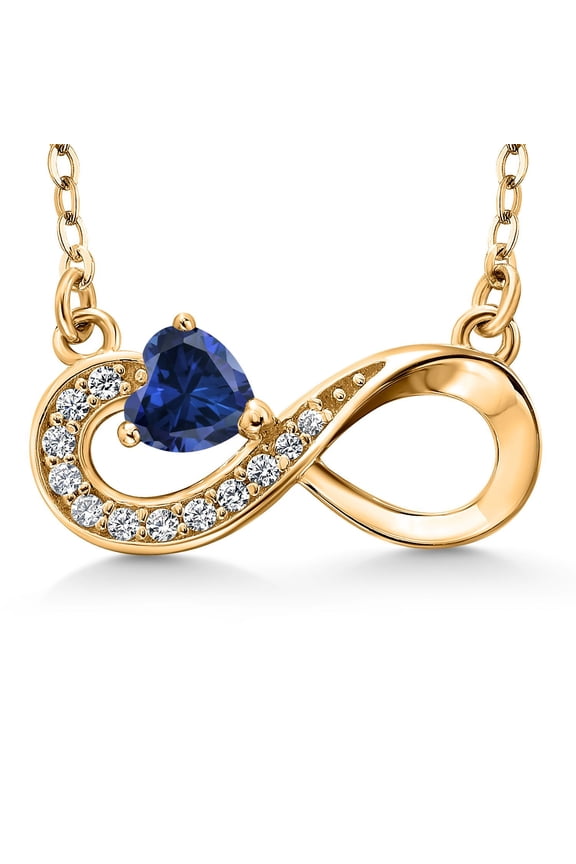18K Yellow Gold Plated Silver Blue Created Sapphire Infinity Pendant Necklace for Women (0.62 Cttw, Heart Shape 4MM, with 18 inch Silver Chain)