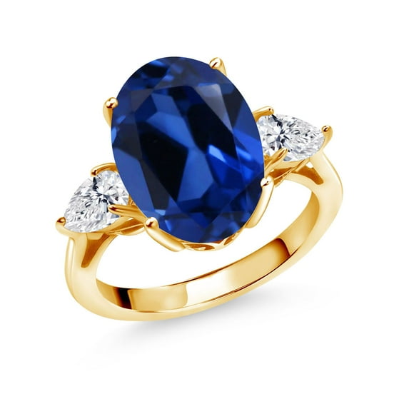 Gem Stone King 18K Yellow Gold Plated Silver Blue Created Sapphire and Lab Grown Diamond Engagement Ring for Women | 6.70 Cttw | Oval 14X10MM | Gemstone September Birthstone | Size 9