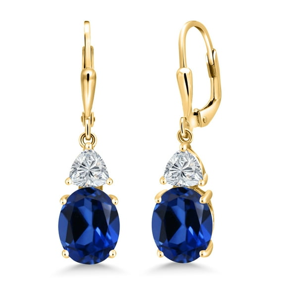 Gem Stone King 18K Yellow Gold Plated Silver Blue Created Sapphire and Lab Grown Diamond Dangle Earrings for Women | 7.34 Cttw | Gemstone September Birthstone | Oval 10X8MM