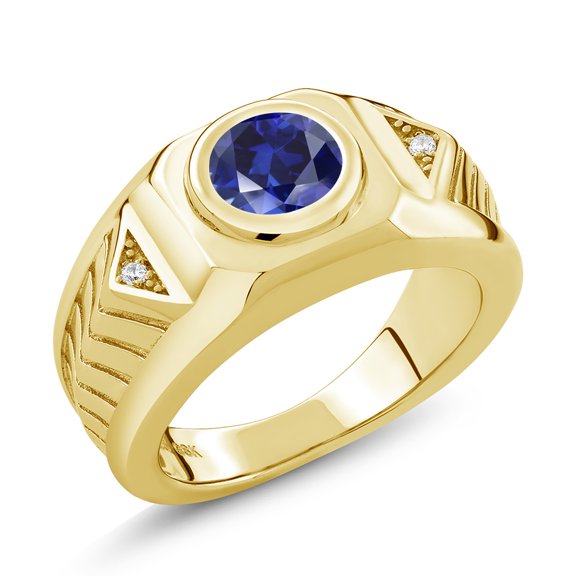 Gem Stone King 18K Yellow Gold Plated Silver Blue Created Sapphire Men's Ring (2.53 Cttw, Round 8MM, Gemstone September Birthstone, Size 11)