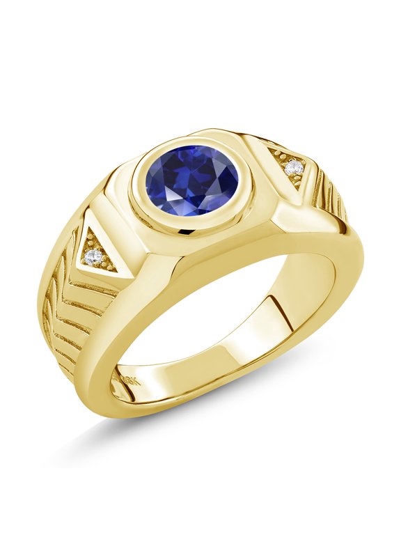 18K Yellow Gold Plated Silver Blue Created Sapphire Men's Ring (2.53 Cttw, Round 8MM, Gemstone September Birthstone, Size 7)
