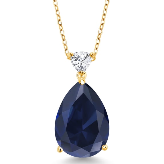 Gem Stone King 18K Yellow Gold Plated Silver Blue Created Sapphire Pendant Necklace for Women (13.40 Cttw, Gemstone Birthstone, Pear Shape 18X13MM, with 18 inch Chain)
