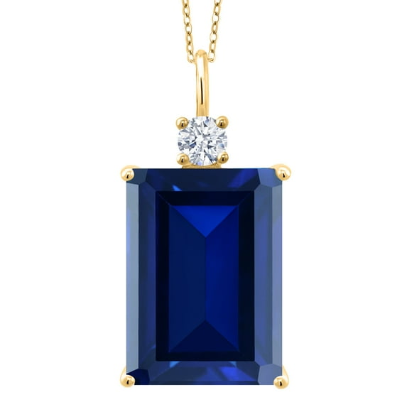 Gem Stone King 18K Yellow Gold Plated Silver Blue Created Sapphire Pendant Necklace for Women (17.50 Cttw, Emerald Cut 18X13MM, With 18 inch Silver Chain)