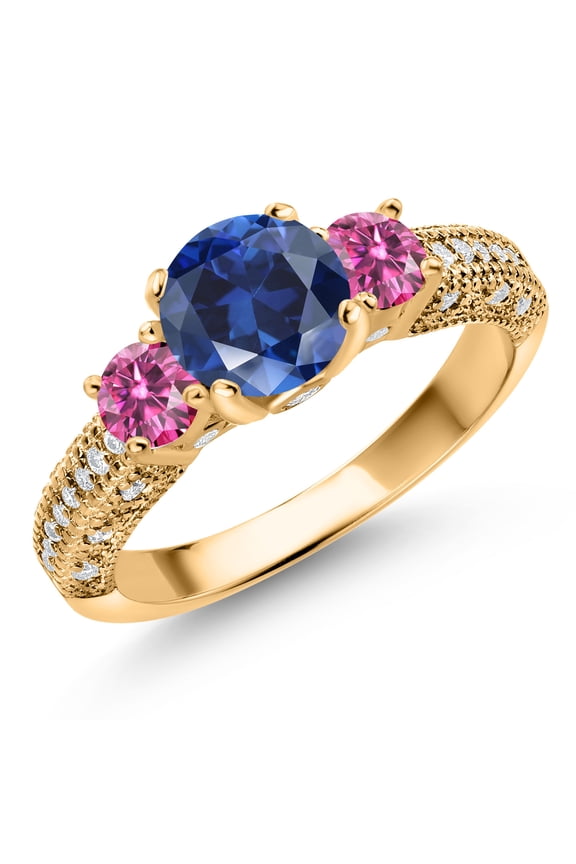 18K Yellow Gold Plated Silver Blue Created Sapphire Pink Moissanite and White Moissanite Engagement Ring for Women (2.14 Cttw, Gemstone September Birthstone, Round 7MM and 4MM, Size 5)