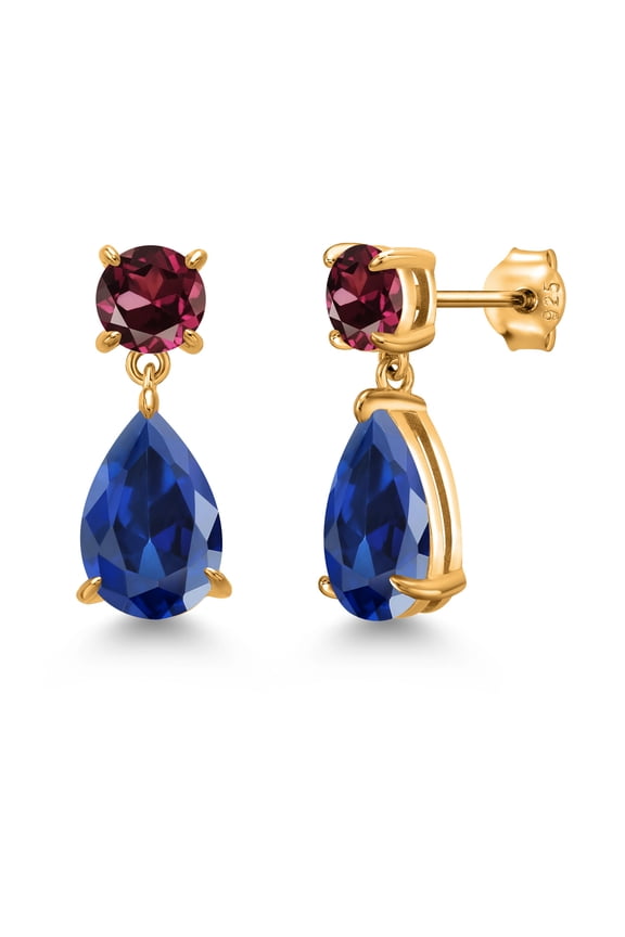 18K Yellow Gold Plated Silver Blue Created Sapphire and Red Rhodolite Garnet Teardrop Dangle Drop Earrings for Women (9.14 Cttw, Gemstone Birthstone, Pear Shape 12x8MM, Round 6MM)
