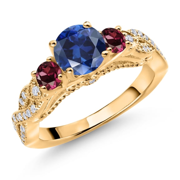 Gem Stone King 18K Yellow Gold Plated Silver Blue Created Sapphire Red Rhodolite Garnet and White Moissanite Engagement Ring for Women (1.51 Ct, Gemstone September Birthstone, Round 6MM, Size 5)