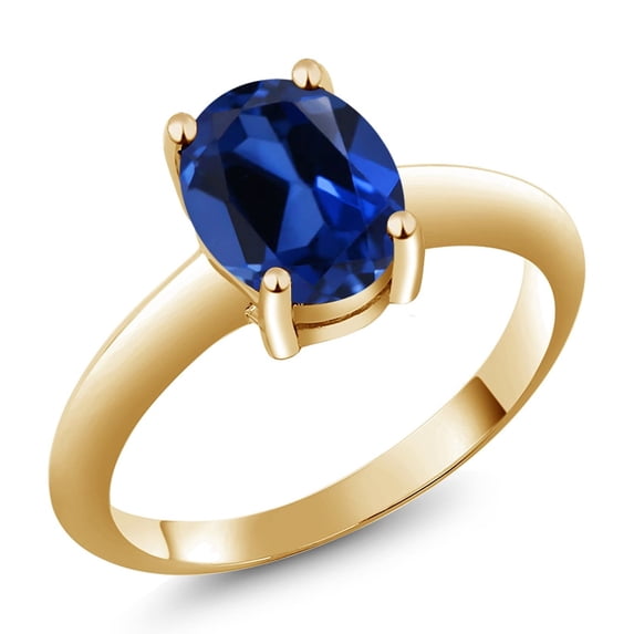 Gem Stone King 18K Yellow Gold Plated Silver Blue Created Sapphire Solitaire Engagement Ring for Women (2.30 Cttw, Oval 9X7MM, Gemstone September Birthstone, Available in Size 5, 6, 7, 8, 9)