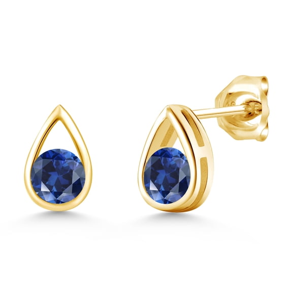 Gem Stone King 18K Yellow Gold Plated Silver Blue Created Sapphire Teardrop Stud Earrings for Women Men (1.20 Cttw, Gemstone September Birthstone, Round 5MM)