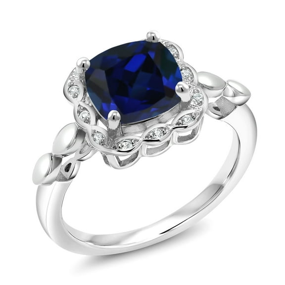 Gem Stone King 18K Yellow Gold Plated Silver Blue Created Sapphire and White Created Sapphire Engagement Ring for Women | 2.60 Cttw | Cushion 8MM | Gemstone September Birthstone | Size 8