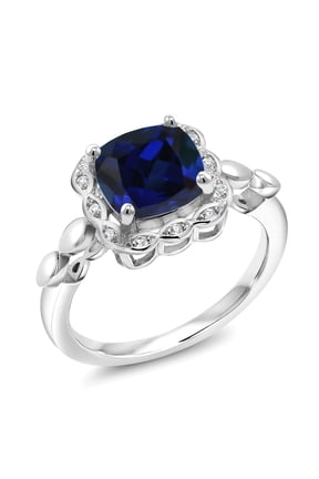 18K Yellow Gold Plated Silver Blue Created Sapphire and White Created Sapphire Engagement Ring for Women | 2.60 Cttw | Cushion 8MM | Gemstone September Birthstone | Size 7