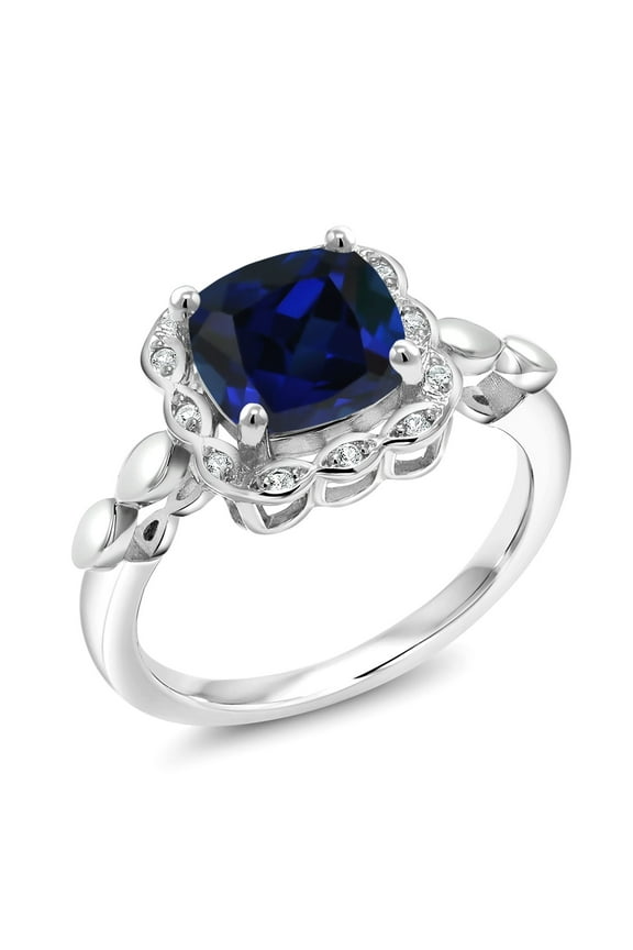 18K Yellow Gold Plated Silver Blue Created Sapphire and White Created Sapphire Engagement Ring for Women | 2.60 Cttw | Cushion 8MM | Gemstone September Birthstone | Size 6