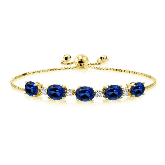 Gem Stone King 18K Yellow Gold Plated Silver Blue Created Sapphire and White Lab Grown Diamond Tennis Bracelet for Women (8.26 Cttw, Fully Adjustable up to 9 inch)