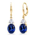 thumbnail image 1 of Gem Stone King 18K Yellow Gold Plated Silver Blue Created Sapphire and White Moissanite Dangle Earrings for Women (7.54 Cttw, Gemstone September Birthstone, Oval 10X8MM, Trillion 5MM), 1 of 5