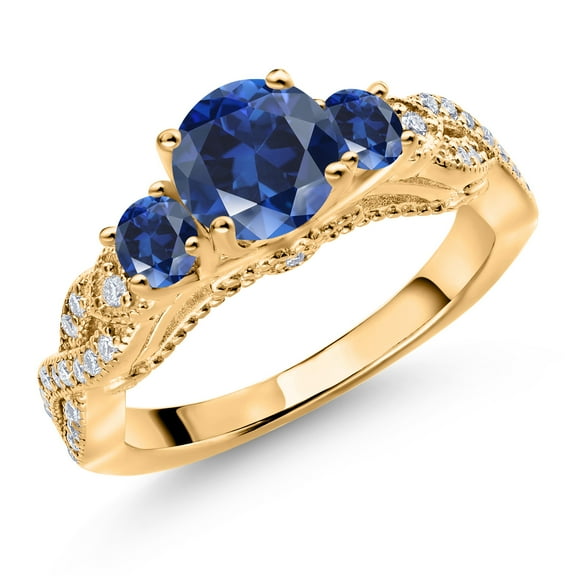 Gem Stone King 18K Yellow Gold Plated Silver Blue Created Sapphire and White Moissanite Engagement Ring for Women (1.55 Cttw, Gemstone September Birthstone, Round 6MM and 3MM, Size 6)