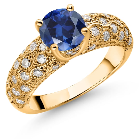 Gem Stone King 18K Yellow Gold Plated Silver Blue Created Sapphire and White Moissanite Engagement Ring for Women (1.94 Cttw, Round 7MM, Gemstone September Birthstone, Size 8)