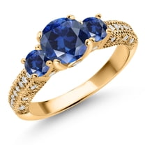 Gem Stone King 18K Yellow Gold Plated Silver Blue Created Sapphire and White Moissanite Engagement Ring for Women (2.18 Cttw, Gemstone September Birthstone, Round 7MM and 4MM, Size 8)