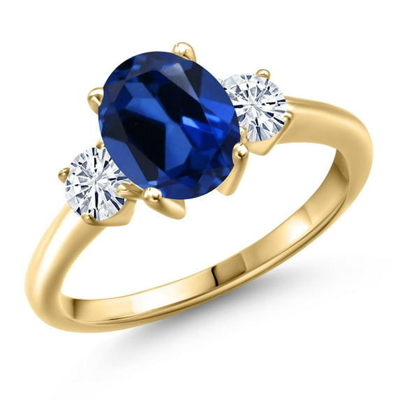 Gem Stone King 18K Yellow Gold Plated Silver Blue Created Sapphire and White Moissanite Engagement Ring for Women | 2.76 Cttw | Oval 9X7MM | Gemstone September Birthstone | Size 5