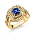 thumbnail image 1 of Gem Stone King 18K Yellow Gold Plated Silver Blue Created Sapphire and White Moissanite Ring for Women (1.91 Cttw, Gemstone Birthstone, Cushion Cut 6MM, Size 7), 1 of 4